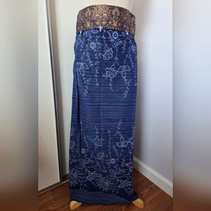 Blue Floral Maxi Skirt with Gold Accents Made In Thailand Wrap-style New